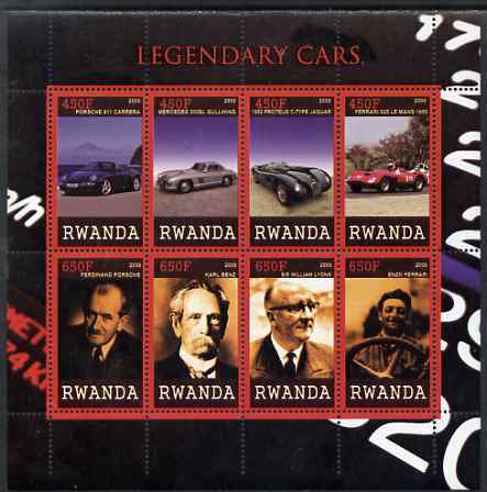 Rwanda 2009 Legendary Cars & Designers perf sheetlet containing 8 values unmounted mint, stamps on , stamps on  stamps on personalities, stamps on  stamps on cars, stamps on  stamps on porsche, stamps on  stamps on benz, stamps on  stamps on jaguar, stamps on  stamps on ferrari