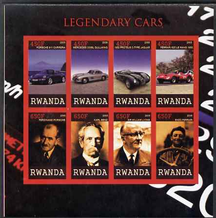 Rwanda 2009 Legendary Cars & Designers imperf sheetlet containing 8 values unmounted mint, stamps on , stamps on  stamps on personalities, stamps on  stamps on cars, stamps on  stamps on porsche, stamps on  stamps on benz, stamps on  stamps on jaguar, stamps on  stamps on ferrari