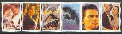 Somaliland 1998 Titanic se-tenant strip of 6 unmounted mint, stamps on , stamps on  stamps on films, stamps on cinema, stamps on entertainments, stamps on ships, stamps on titanic, stamps on disasters, stamps on shipwrecks