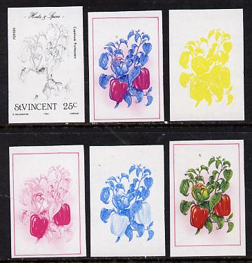 St Vincent 1985 Herbs & Spices 25c (pepper) set of 6 imperf progressive proofs comprising the 4 individual colours plus 2 & 3 colour composites (as SG 868) unmounted mint, stamps on food      herbs & spices
