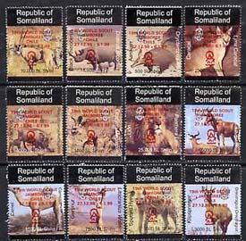 Somaliland 1998 Indigenous Animals perf set of 12 values unmounted mint with Scout Jamboree opt in red*, stamps on animals     lions     cats    warthog     hyena     aardvaak     hartbeest    caracal      fox        camel     gerenur    klipspringer     rhino    oryx     dogs     pigs    swine      scouts, stamps on  fox , stamps on foxes, stamps on  