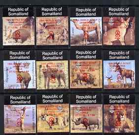 Somaliland 1998 Indigenous Animals imperf set of 12 values unmounted mint with Scout Jamboree opt in red*, stamps on animals     lions     cats    warthog     hyena     aardvaak     hartbeest    caracal      fox        camel     gerenur    klipspringer     rhino    oryx     dogs     pigs    swine      scouts, stamps on  fox , stamps on foxes, stamps on  