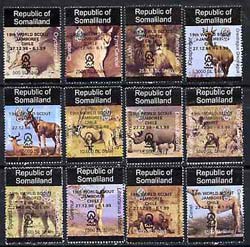 Somaliland 1998 Indigenous Animals perf set of 12 values unmounted mint with Scout Jamboree opt in black*, stamps on animals     lions     cats    warthog     hyena     aardvaak     hartbeest    caracal      fox        camel     gerenur    klipspringer     rhino    oryx     dogs     pigs    swine      scouts, stamps on  fox , stamps on foxes, stamps on  