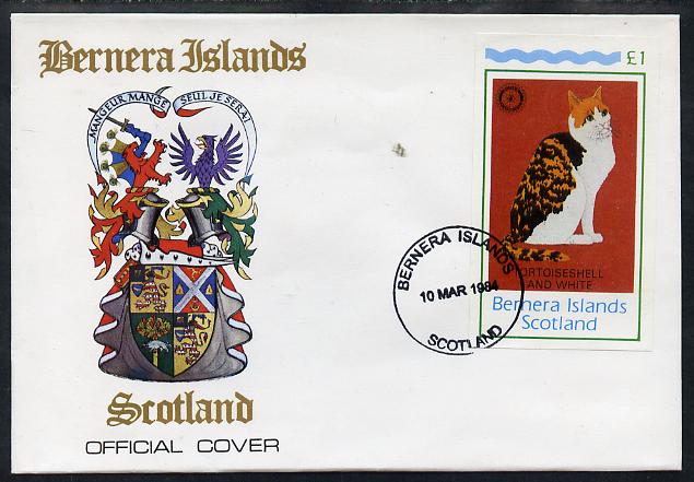 Bernera 1984 Rotary (Tortoiseshell Cat) imperf souvenir sheet (A31 value) on cover with first day cancel, stamps on , stamps on  stamps on cats  rotary