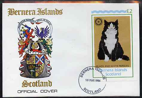 Bernera 1984 Rotary (Black & White Persian Cat) imperf deluxe sheet (\A32 value) on cover with first day cancel, stamps on cats  rotary