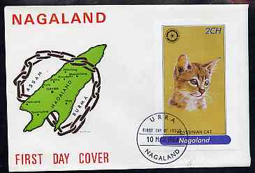 Nagaland 1984 Rotary (Abyssinian cat) 2ch imperf deluxe sheet on cover with first day cancel, stamps on animals  cats  rotary