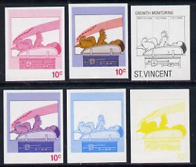 St Vincent 1987 Child Health 10c (as SG 1049) set of 6 progressive proofs comprising the 4 individual colours plus 2 and 3-colour composites unmounted mint, stamps on children, stamps on medical