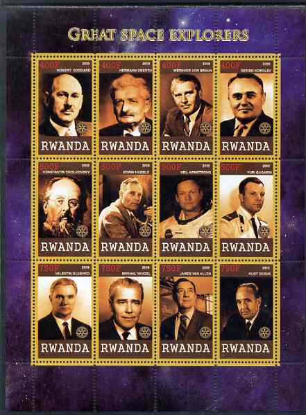 Rwanda 2009 Great Space Explorers & Scientists perf sheetlet containing 12 values unmounted mint each with Rotary Logo (Goddard, Von braun, Hubble,Armstrong, Gagarin, van..., stamps on personalities, stamps on science, stamps on space, stamps on rockets, stamps on apollo, stamps on rotary