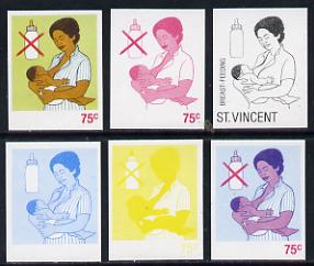 St Vincent 1987 Child Health 75c (as SG 1051) set of 6 progressive proofs comprising the 4 individual colours plus 2 and 3-colour composites unmounted mint, stamps on children   medical