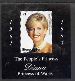 Steep Holm 1998 Diana, The People's Princess perf souvenir sheet #2 (£1 value Portrait with black frame) opt'd In Memorium, 1st Anniversary unmounted mint, stamps on royalty     diana