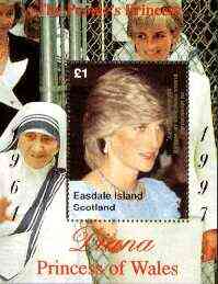 Easdale 1998 Diana, The Peoples Princess perf souvenir sheet #1 (Â£1 value Mother Teresa in background) overprinted In Memorium, 1st Anniversary unmounted mint, stamps on royalty     diana    personalities         nobel