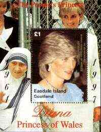 Easdale 1998 Diana, The People's Princess perf souvenir sheet #1 (£1 value Mother Teresa in background) overprinted In Memorium, 1st Anniversary unmounted mint, stamps on royalty     diana    personalities         nobel