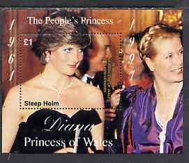Steep Holm 1998 Diana, The People's Princess perf souvenir sheet #1 (£1 value 'Attending a Function')  opt'd In Memorium, 1st Anniversary unmounted mint, stamps on royalty     diana