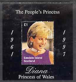 Easdale 1998 Diana, The People's Princess perf souvenir sheet #2 (£1 value Portrait with black background)  overprinted In Memorium, 1st Anniversary unmounted mint, stamps on royalty     diana    personalities     