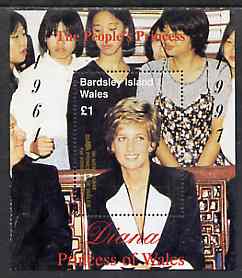 Bardsey (British Local) 1998 Diana, The People's Princess perf souvenir sheet (£1 value) opt'd In Memorium, 1st Anniversary unmounted mint, stamps on royalty     diana