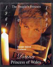 Davaar Island 1998 Diana, The Peoples Princess perf souvenir sheet (Â£1 value showing candle-lit picture) optd In Memorium, 1st Anniversary unmounted mint, stamps on royalty     diana            candle