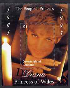 Davaar Island 1998 Diana, The People's Princess perf souvenir sheet (£1 value showing candle-lit picture) opt'd In Memorium, 1st Anniversary unmounted mint, stamps on royalty     diana            candle