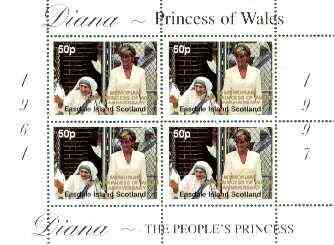 Easdale 1998 Diana, The Peoples Princess perf sheetlet containing 4 x 50p values (Diana with Mother Teresa) overprinted In Memorium, 1st Anniversary unmounted mint, stamps on royalty     diana      personalities    nobel