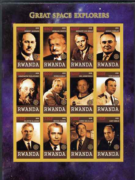 Rwanda 2009 Great Space Explorers & Scientists imperf sheetlet containing 12 values unmounted mint each with Rotary Logo (Goddard, Von braun, Hubble,Armstrong, Gagarin, v..., stamps on personalities, stamps on science, stamps on space, stamps on rockets, stamps on apollo, stamps on rotary