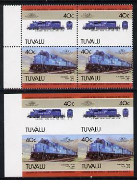 Tuvalu 1985 Locomotives #5 (Leaders of the World) 40c (GM SD-50) in unmounted mint imperf block of 4 (2 se-tenant pairs as SG 350a) plus matched normal perf block, stamps on railways