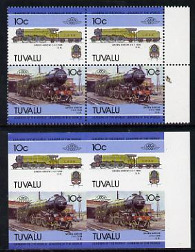 Tuvalu 1985 Locomotives #5 (Leaders of the World) 10c Green Arrow 2-6-2 in unmounted mint imperf block of 4 (2 se-tenant pairs as SG 348a) plus matched normal perf block, stamps on railways