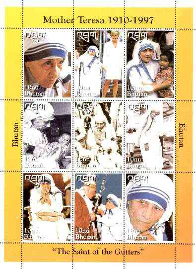 Bhutan 1997 Mother Teresa Commemoration sheetlet containing set of 9 values (with Pope & Princess Di) unmounted mint SG 1262-70, stamps on , stamps on  stamps on personalities, stamps on  stamps on women, stamps on  stamps on nobel, stamps on  stamps on diana, stamps on  stamps on peace, stamps on  stamps on pope