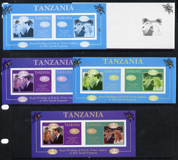 Tanzania 1986 Royal Wedding (Andrew & Fergie) the unissued imperf m/s containing 30s & 90s values, set of 5 progressive proof sheets unmounted mint. NOTE - this item has ..., stamps on royalty, stamps on andrew, stamps on fergie, stamps on 