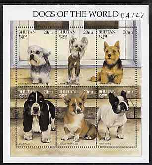 Bhutan 1998 Dogs of the World sheetlet containing set of 6 values unmounted mint, stamps on , stamps on  stamps on dogs     terriers      basset      corgi     bulldog