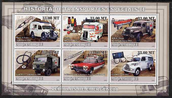 Mozambique 2009 History of Transport - Ambulances perf sheetlet containing 6 values unmounted mint, stamps on , stamps on  stamps on transport, stamps on  stamps on ambulances, stamps on  stamps on medical
