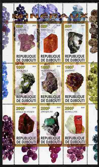 Djibouti 2010 Minerals perf sheetlet containing 9 values unmounted mint, stamps on , stamps on  stamps on minerals