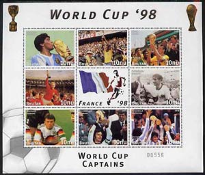 Bhutan 1998 Football World Cup unmounted mint sheetlet of 9 World Cup Captains (8 stamps plus label), stamps on , stamps on  stamps on football, stamps on  stamps on sport