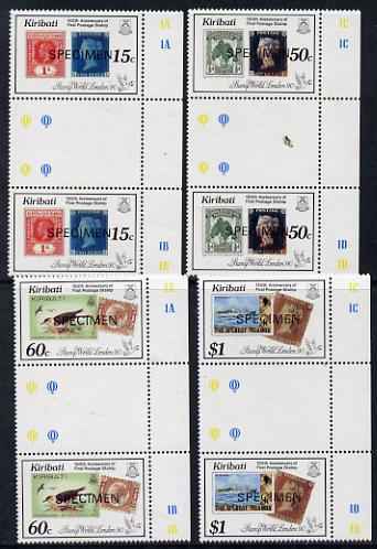 Kiribati 1990 150th Stamp Anniversary set of 4 in inter-paneau gutter pairs optd SPECIMEN (as SG 322-5) unmounted mint, stamps on stamp on stamp, stamps on stamponstamp