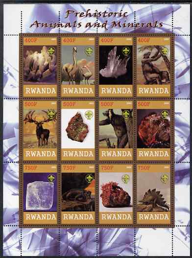 Rwanda 2009 Prehistoric Animals & Minerals perf sheetlet containing 12 values unmounted mint each with Scout Logo , stamps on , stamps on  stamps on dinosaurs, stamps on  stamps on minerals, stamps on  stamps on scouts