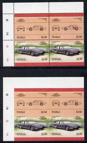 Tuvalu 1985 Cars #3 (Leaders of the World) $1.50 Aston Martin Lagonda unmounted mint imperf block of 4 (2 se-tenant pairs as SG 370a) with matched normal perf block, stamps on cars, stamps on aston martin
