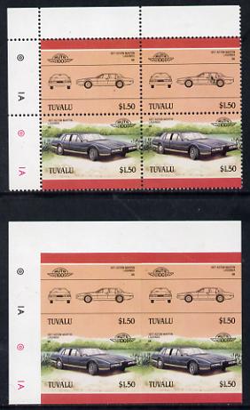 Tuvalu 1985 Cars #3 (Leaders of the World) $1.50 Aston Martin Lagonda unmounted mint imperf block of 4 (2 se-tenant pairs as SG 370a) with matched normal perf block, stamps on , stamps on  stamps on cars, stamps on  stamps on aston martin