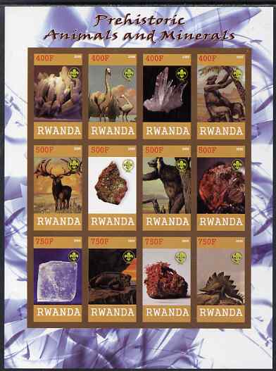 Rwanda 2009 Prehistoric Animals & Minerals imperf sheetlet containing 12 values unmounted mint each with Scout Logo , stamps on , stamps on  stamps on dinosaurs, stamps on  stamps on minerals, stamps on  stamps on scouts