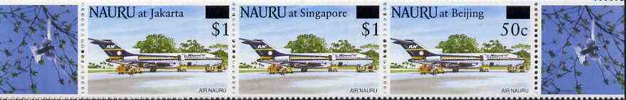 Nauru 1995 International Stamp Exhibition unmounted mint strip of 3 surcharged on 25c Aircraft, SG 438a, stamps on aviation, stamps on stamp exhibitions, stamps on boeing, stamps on 727