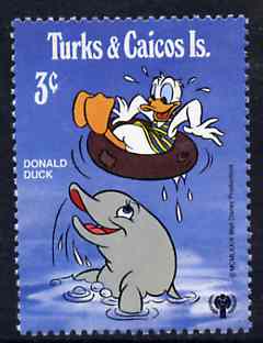 Turks & Caicos Islands 1979 Donald Duck & Dolphin 3c from Walt Disney IYC set, SG 579 unmounted mint, stamps on dolphins      whales