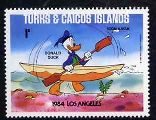 Turks & Caicos Islands 1984 Donald Duck in Kayak Race 1c from Walt Disney Olympic Games set, SG 787 unmounted mint, stamps on canoes