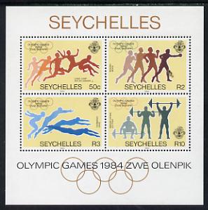 Seychelles 1984 Olympic Games m/sheet unmounted mint, SG MS 596, stamps on , stamps on  stamps on sport, stamps on  stamps on olympics, stamps on  stamps on athletics, stamps on  stamps on jump, stamps on  stamps on boxing, stamps on  stamps on swimming, stamps on  stamps on weightlifting