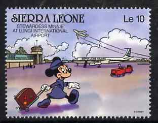 Sierra Leone 1980 Minnie Mouse at Lungi Airport 10L from Walt Disney Scenes set, SG 1430 unmounted mint, stamps on airport