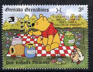 Grenada - Grenadines 1989 Winnie the Pooh with Honey 3c from Walt Disney Expo 89 set, SG 1198 unmounted mint, stamps on bees, stamps on honey, stamps on insects, stamps on bears, stamps on teddy bears