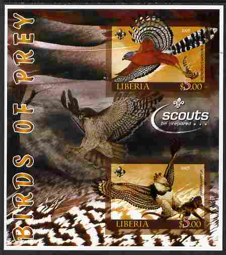 Liberia 2005 Birds of Prey imperf sheetlet containing 2 values unmounted mint (with Scouts Logo), stamps on , stamps on  stamps on birds, stamps on  stamps on birds of prey, stamps on  stamps on scouts