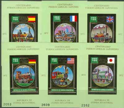 Equatorial Guinea 1972 Japanese Trains Centenary set of 6 individual sheetlets (Steam trains 250+50p) in gold with green background (Mi BL A33-38) most attractive, stamps on , stamps on  stamps on railways