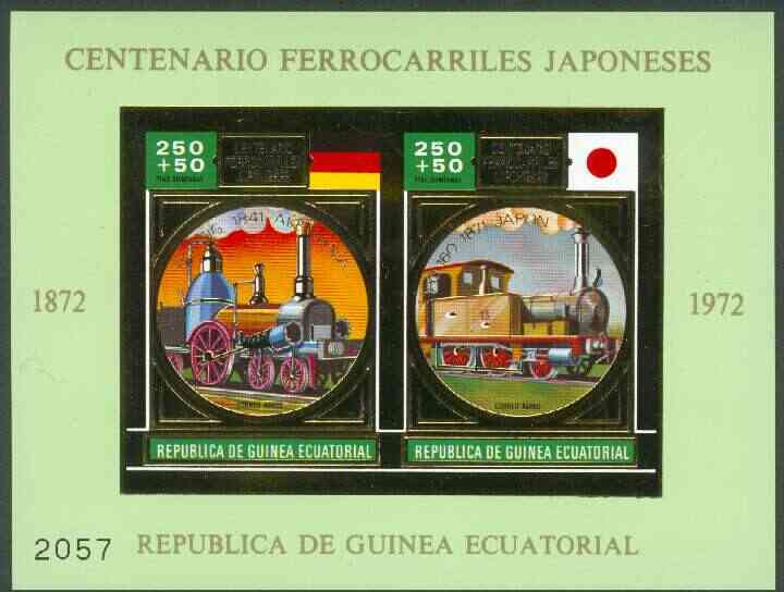 Equatorial Guinea 1972 Japanese Trains Centenary m/sheet containing 2 vals (Steam trains 250+50p) in gold with green background (Mi BL A39) most attractive, unmounted mint, stamps on , stamps on  stamps on railways