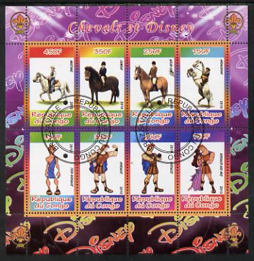 Congo 2010 Disney & Horses perf sheetlet containing 8 values with Scout Logo fine cto used, stamps on disney, stamps on films, stamps on cinema, stamps on movies, stamps on cartoons, stamps on scouts, stamps on horses