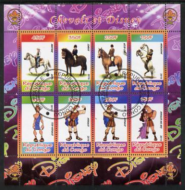 Congo 2010 Disney & Horses perf sheetlet containing 8 values with Scout Logo fine cto used, stamps on , stamps on  stamps on disney, stamps on  stamps on films, stamps on  stamps on cinema, stamps on  stamps on movies, stamps on  stamps on cartoons, stamps on  stamps on scouts, stamps on  stamps on horses