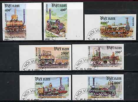 Vietnam 1991 Early Locomotives complete imperf set of 7 fine cto used (from limited printing) as SG 1578-81*, stamps on railways