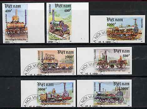 Vietnam 1991 Early Locomotives complete imperf set of 7 fine cto used (from limited printing) as SG 1578-81*, stamps on , stamps on  stamps on railways