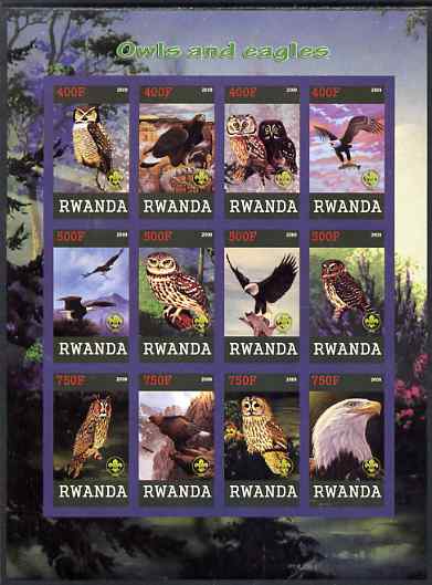 Rwanda 2009 Owls and Eagles imperf sheetlet containing 12 values unmounted mint each with Scout Logo , stamps on , stamps on  stamps on birds, stamps on  stamps on birds of prey, stamps on  stamps on owls, stamps on  stamps on eagles, stamps on  stamps on scouts